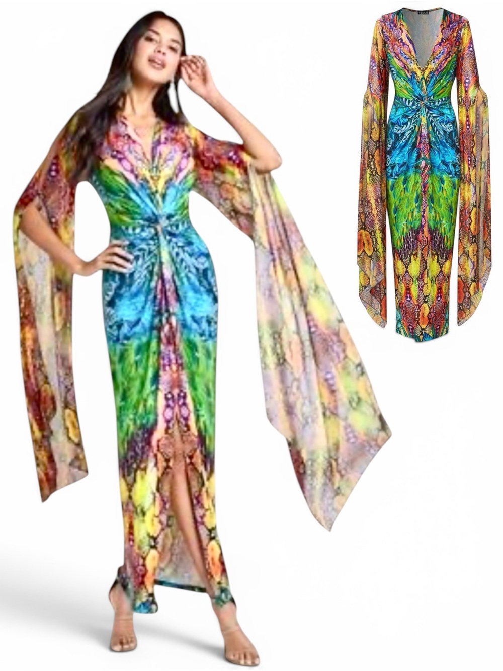 VENUS Elegant Bright Tropical/Snake Print Maxi Dress with Dramatic Sleeves